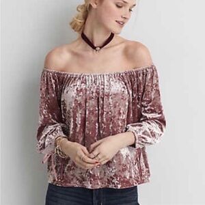American Eagle Pink Crushed Velvet Off The Shoulder Peasant Top Size Small Fairy